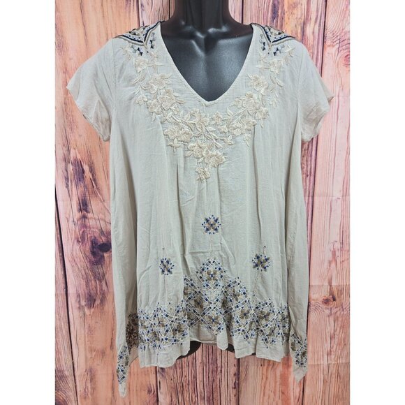 Johnny Was 3J Workshop Top Medium Embroidered Gray Cotton Blouse V-Neck - Picture 1 of 8